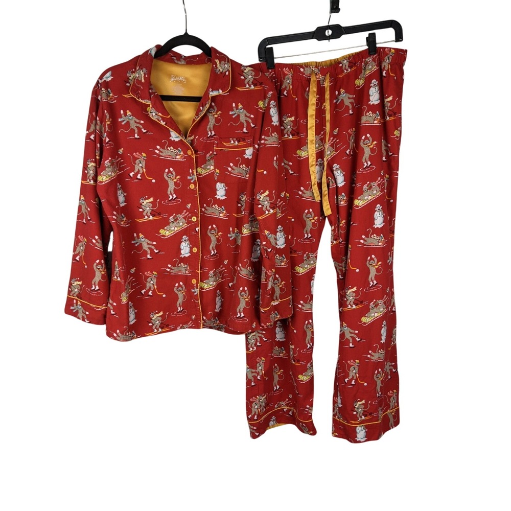 Nick & Nora Sock Monkey Winter Sports Flannel Pajama Set Red Women Large